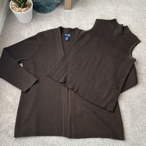 Vintage Sweater Set Rich Chocolate Brown Ribbed Knit cardigan and matching tank